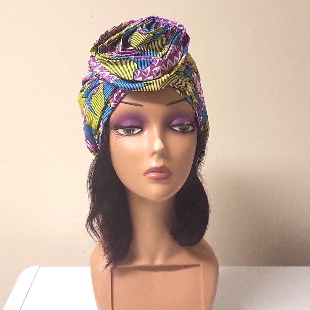 African polyester wax print pretied headwrap with bow, colorful tribal chemo hat